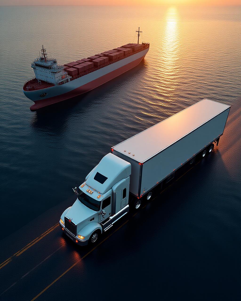 Modern logistics cargo ship and truck in synchronized motion